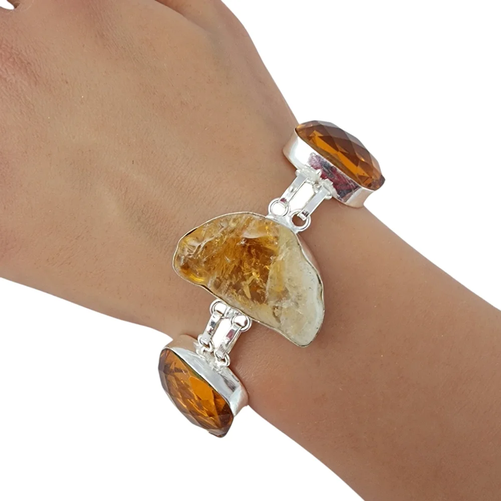 Rough citrine gemstone baroque pearl bracelet amber glass chunky bracelet J04